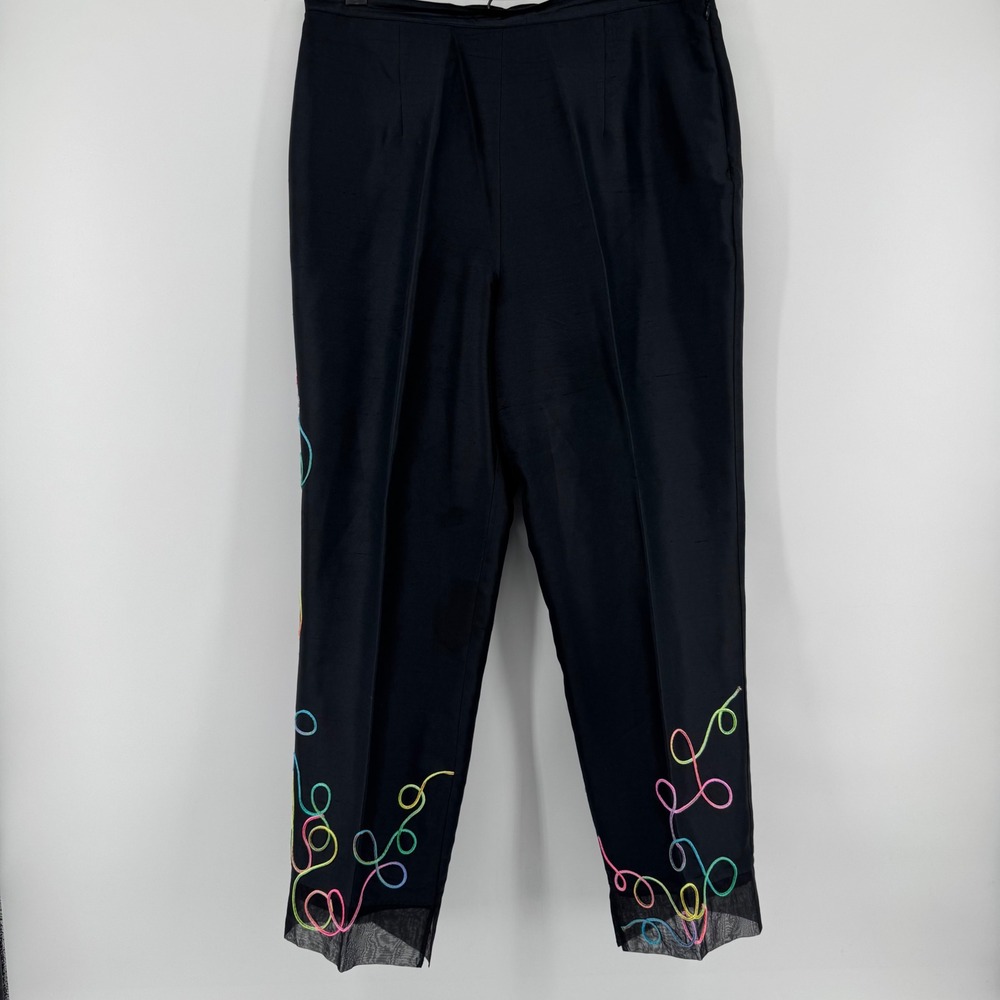 Silkland Silk Pants Womens 12 Black Rainbow Fluorescent Embroidery Sheer Hem
